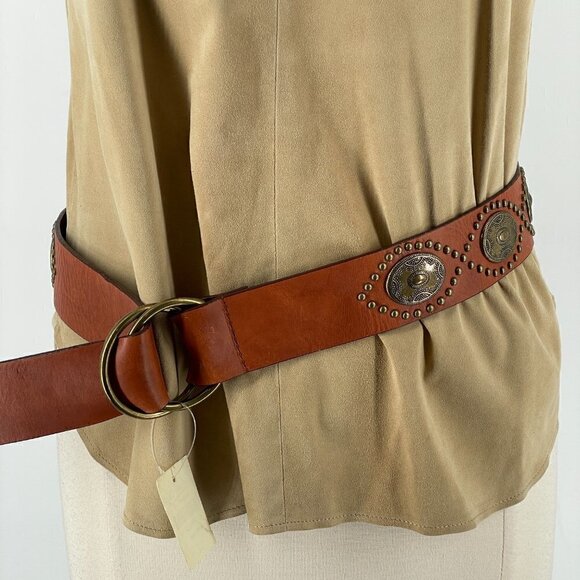 NWT Medallion Embellished Bronze Studded Brown Leather D-Ring Buckle Belt Large main image 7